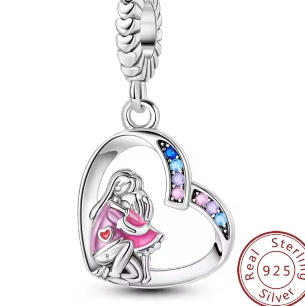 Mother's Love 💕🥺Sterling Silver Heart Charm with Pink and Blue Accents